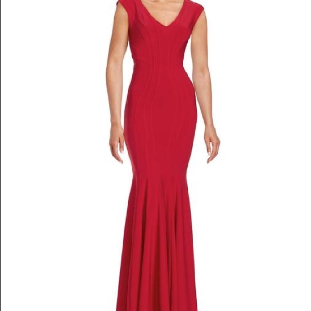 Red Jersey mermaid evening gown (Betsy & Adam)